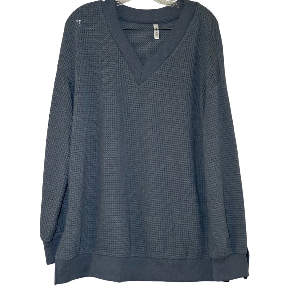 Dokotoo Womens Gray waffle Knit V-Neck Oversized Pullover Sweater Size L
